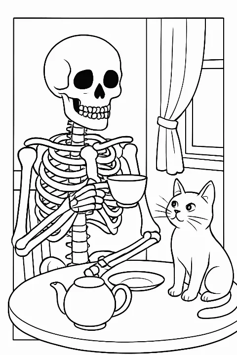 A friendly skeleton having a tea party with a cute cat in a detailed skeleton coloring page.