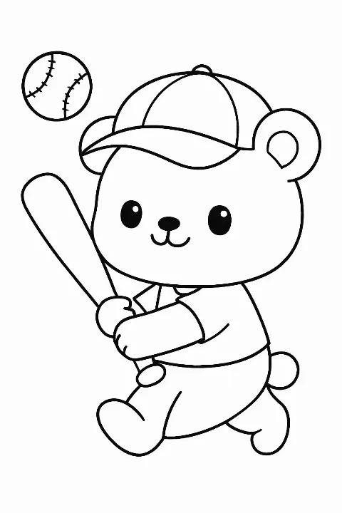 An adorable bear wearing a baseball cap holding a bat on a fun baseball coloring page.