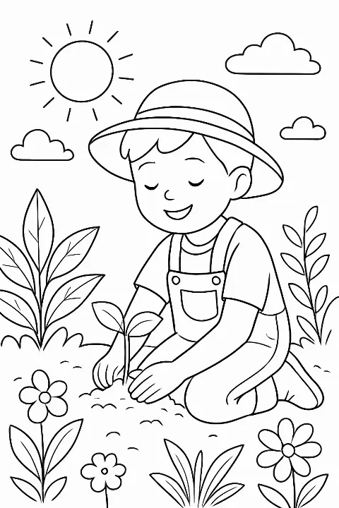 A smiling boy planting a flower in a garden scene for a boy gardening coloring page.