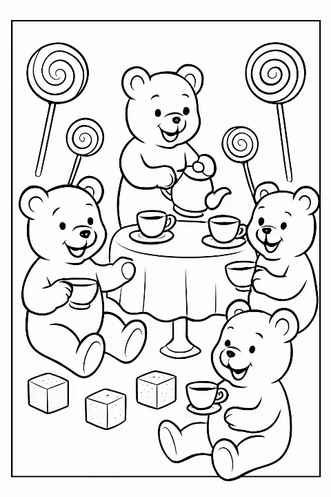 Cheerful gummy bears sharing a tea party in this fun candy coloring page.