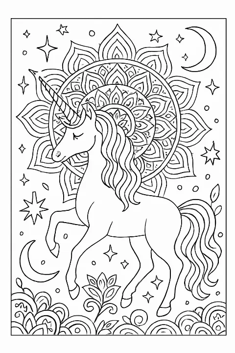 A highly detailed celestial unicorn coloring page with swirling stars and mandala patterns.