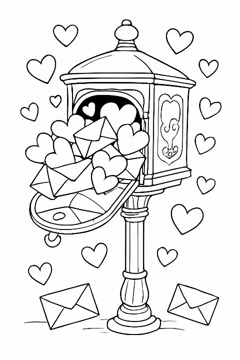 A detailed valentine mailbox coloring page filled with heart-shaped letters and floral accents.