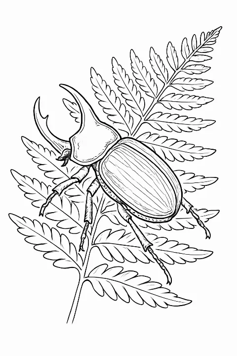 A detailed rhinoceros beetle coloring page featuring botanical fern elements and clean line art.