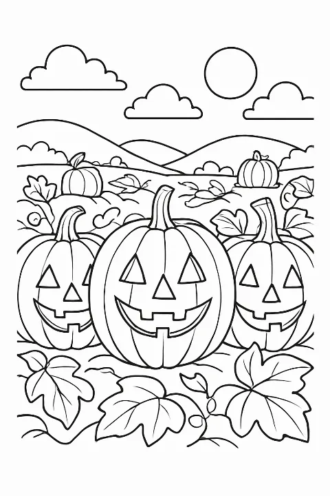 Three smiling pumpkins in a row on a jack o lantern pumpkin patch coloring page with thick, easy-to-color outlines.