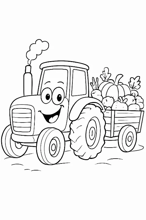 A whimsical, smiling tractor pulling a vegetable cart in this fun tractor coloring page.