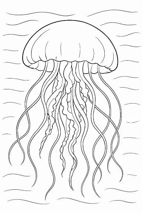 A detailed jellyfish ocean coloring page featuring long tentacles and a graceful bell shape in a serene underwater setting.