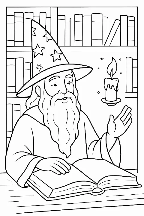 A kind wizard in a library on a printable wizard coloring page.