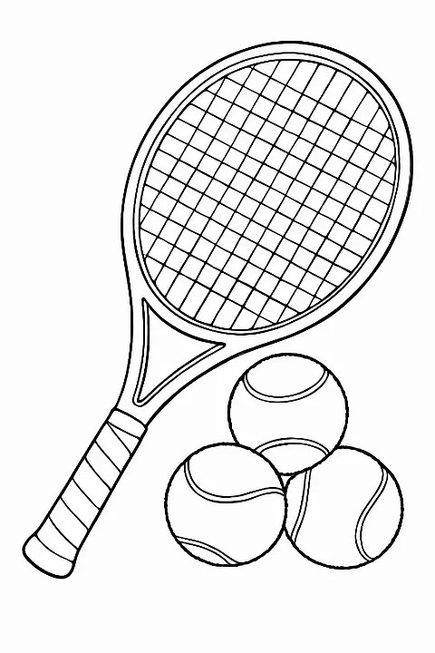 Detailed tennis racket coloring page featuring a racket resting on tennis balls.