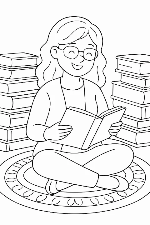 A friendly teacher sharing stories in a cozy corner on a reading teacher coloring page.