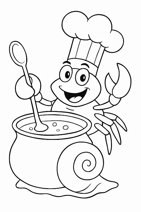 A cheerful crab wearing a chef hat stirring a seashell pot in this fun crab chef coloring page.