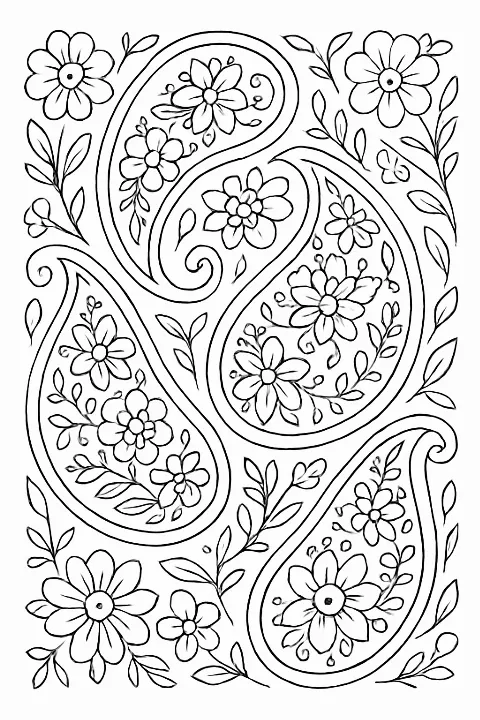 A detailed floral paisley garden coloring page with large, open areas for coloring.