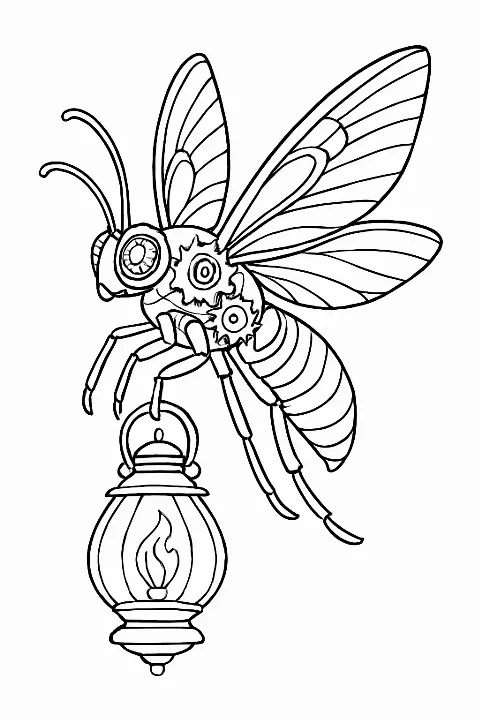 A detailed steampunk firefly carrying a glowing lantern on a clean, white background for a coloring page.