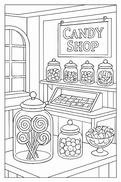 A detailed candy shop coloring page featuring glass jars filled with assorted treats and swirling candies.