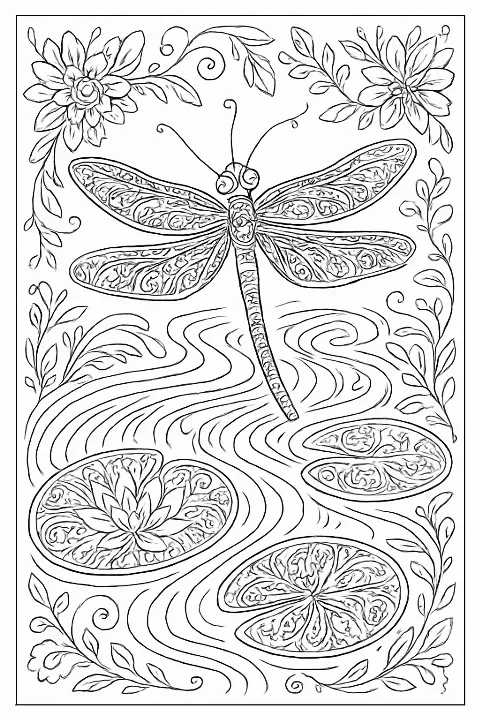 Detailed river dragonfly coloring page with intricate flowers and flowing water patterns.