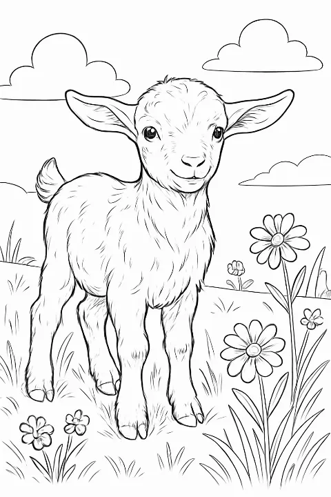 A realistic baby goat in a floral meadow for a baby goat coloring page.