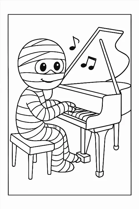 A cute mummy playing a grand piano in this printable mummy playing piano coloring page.