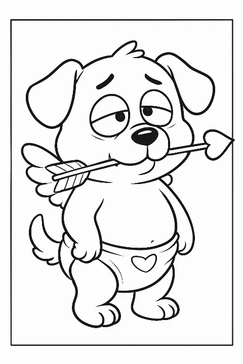 A silly puppy dressed as Cupid holding a heart arrow in this funny cupid puppy coloring page.