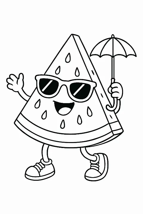 A funny, smiling watermelon slice wearing sunglasses on a summer themed watermelon coloring page.