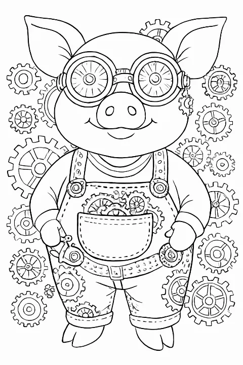 Highly detailed steampunk pig coloring page with mechanical gears and goggles.