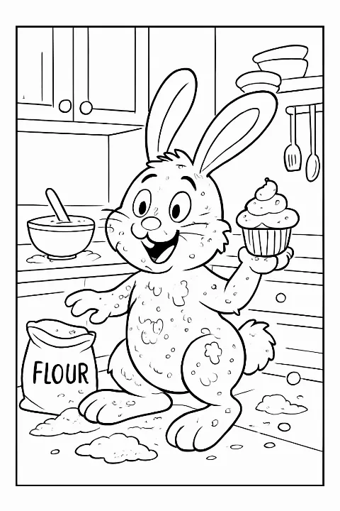 A messy bunny baking in a kitchen on a funny easter bunny coloring page.