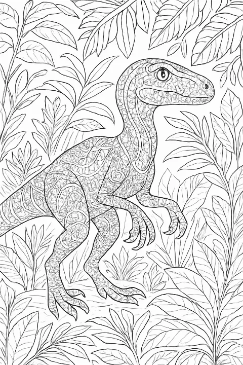 Detailed velociraptor coloring page with ornate jungle patterns and clean bold lines.