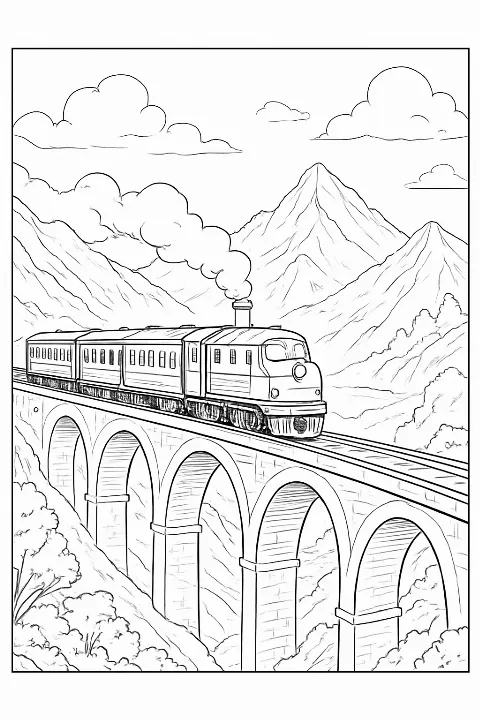 A detailed mountain train coloring page featuring a scenic locomotive crossing a bridge.