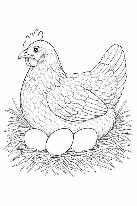 Detailed hen sitting on eggs coloring page with realistic feathers and straw nest textures.