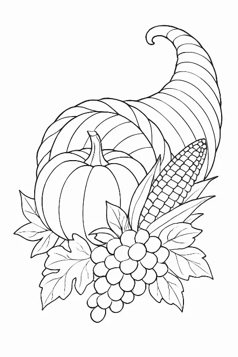 Sophisticated thanksgiving cornucopia coloring page featuring overflowing harvest vegetables and fruits.
