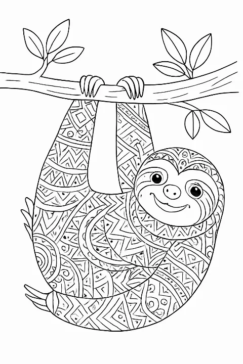 A cute sloth with tribal pattern fur design on a printable coloring page.