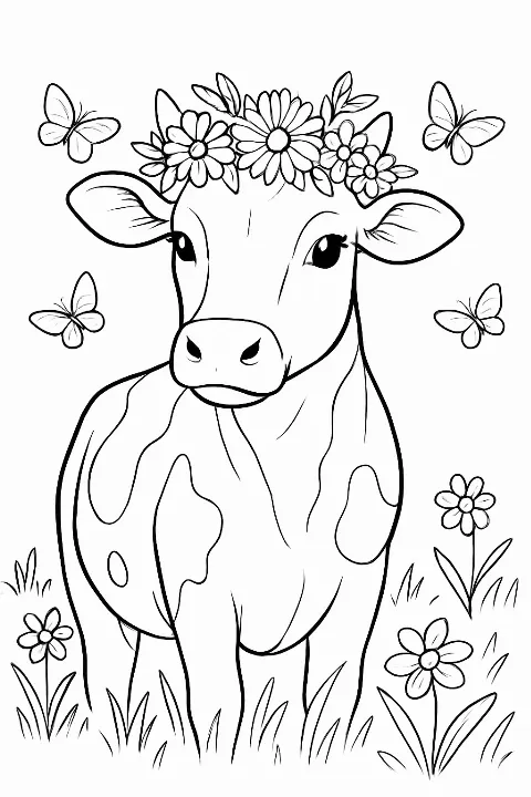 Cute cow wearing a floral crown for a fun cow coloring page activity.