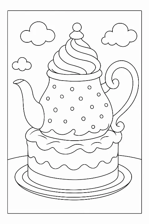 A creative teapot-shaped cake illustration on a whimsical bakery cake coloring page.