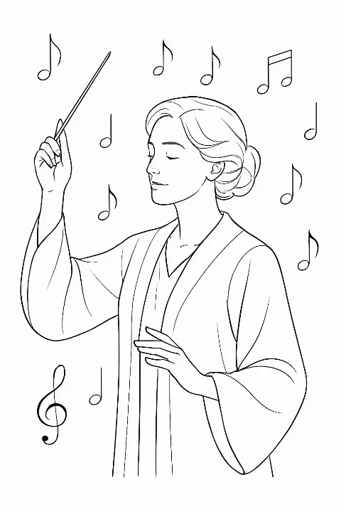 A graceful music teacher conducting an orchestra in this detailed music teacher coloring page.