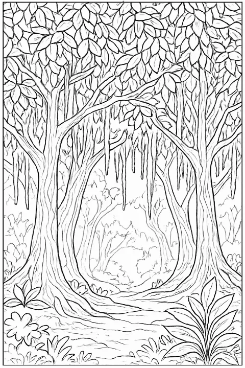 Detailed black and white illustration of an enchanted forest coloring page with lush trees and foliage.