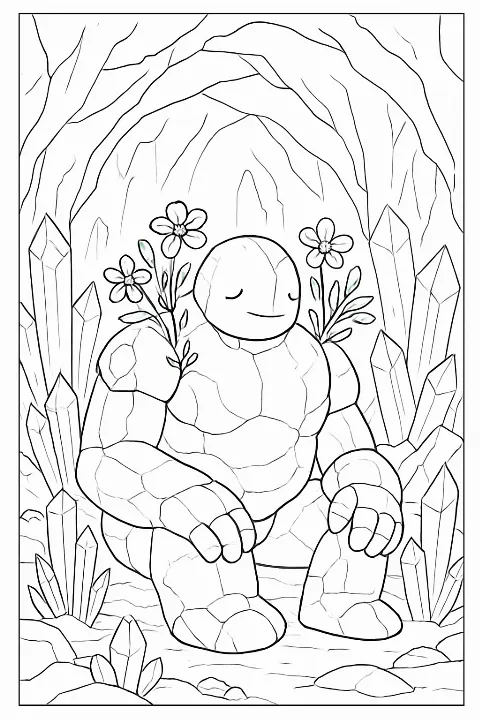 A gentle stone golem sitting in a magical cave on a crystal cave golem coloring page.