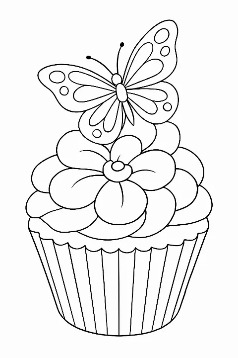 A beautiful cupcake coloring page with flower frosting and a butterfly.