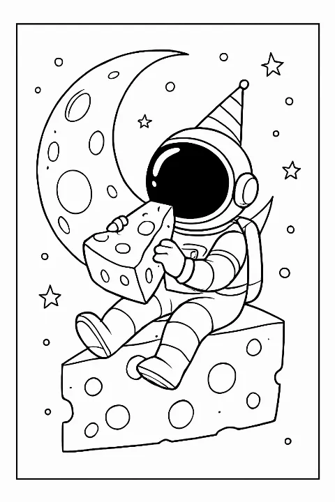 An astronaut having a picnic on the moon in this moon cheese party coloring page.