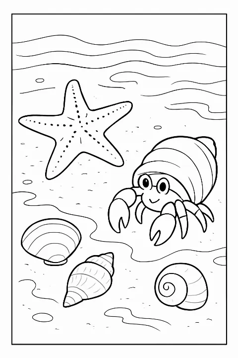 A detailed tide pool coloring page featuring a starfish and seashells on a sandy beach.