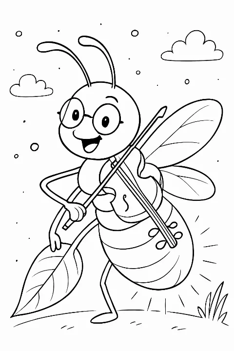A whimsical funny firefly coloring page showing a bug playing a cello made from a leaf.