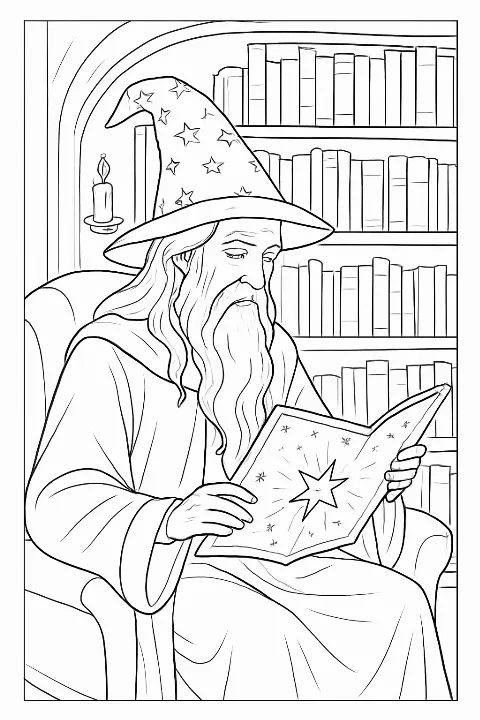A detailed celestial wizard coloring page featuring a magical library scene.
