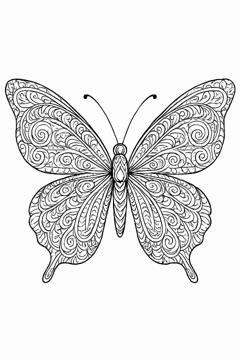 Detailed zentangle butterfly coloring page with symmetrical wing patterns and bold black outlines.