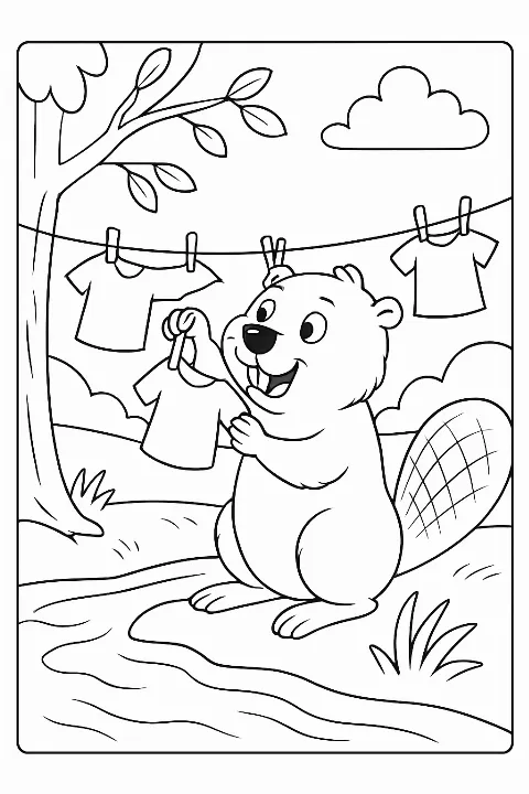 A funny beaver hanging clothes by a stream in this beaver river laundry coloring page.