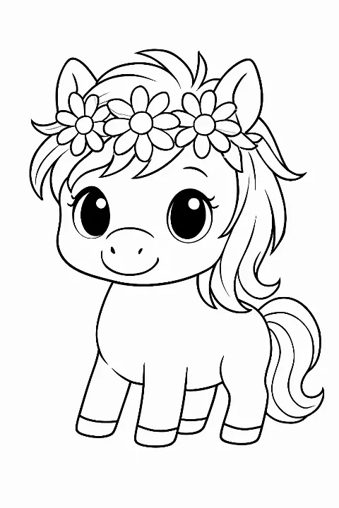A cute chibi horse with a flower crown for a fun chibi horse coloring page.