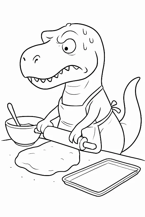 A cartoon T-Rex wearing a chef hat and apron while baking, featured on a funny T-Rex baking coloring page.