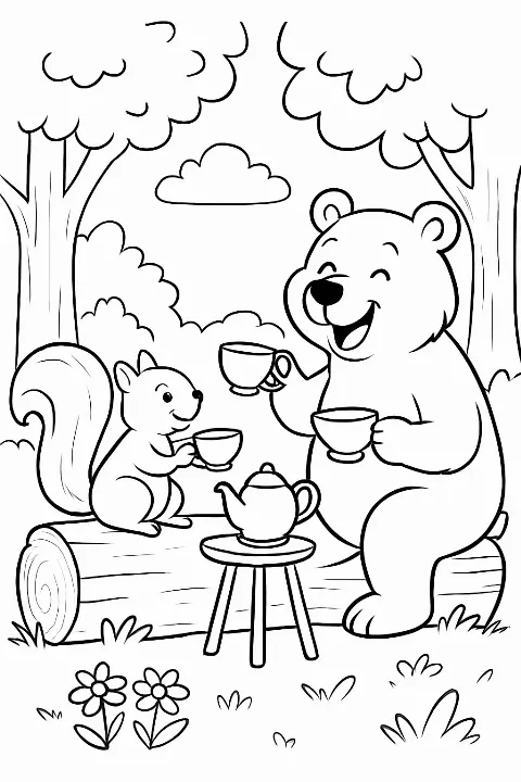 A happy bear and squirrel sharing tea in a forest animals picnic coloring page.