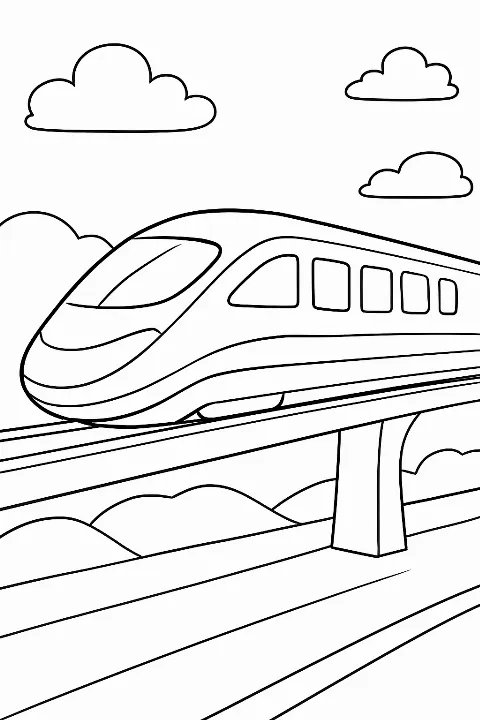 A sleek futuristic maglev train coloring page with bold lines and large spaces to color.