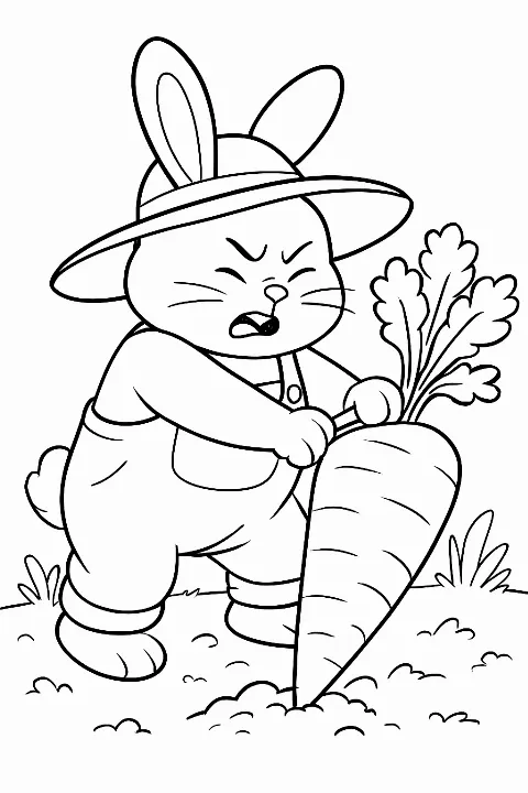 A cute rabbit gardener pulling a giant carrot in this printable rabbit gardener coloring page.