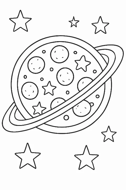 A fun pizza planet coloring page featuring pepperoni rings and stars in a simple, bold line art style.