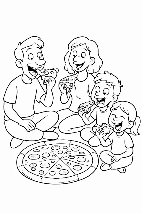 A humorous family pizza party coloring page with kids and parents enjoying messy slices.