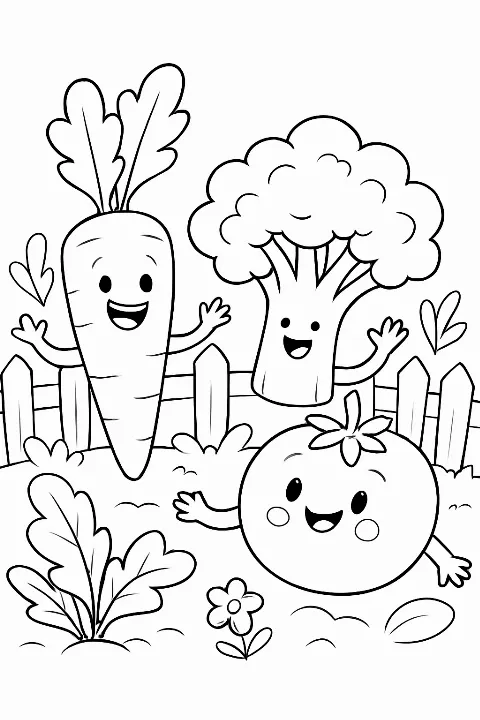 A cute vegetable garden coloring page featuring smiling carrots and broccoli.