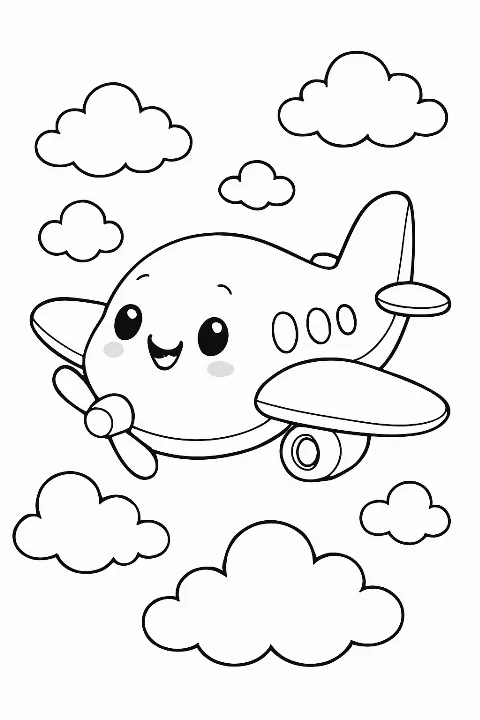A cute smiling airplane flying through clouds in this adorable airplane coloring page.